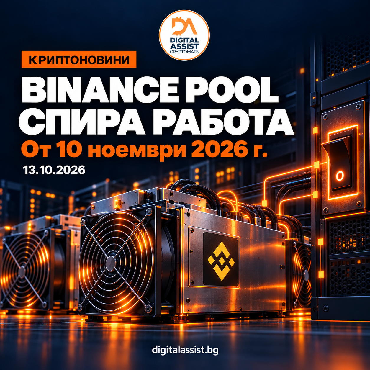 Binance Pool спира работа на 10 ноември 2026 г. — оборудване за криптодобив и логото на Digital Assist.